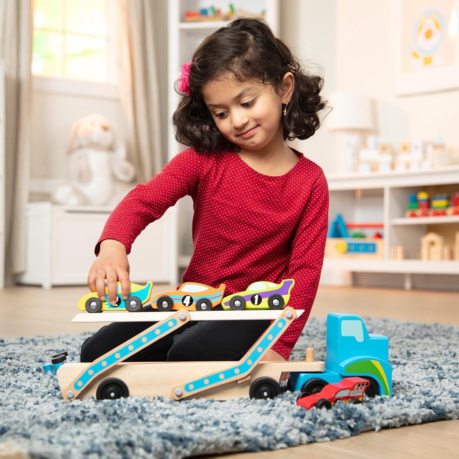 Melissa and Doug Wooden Mega Race Car Carrier with 6 Race Cars
