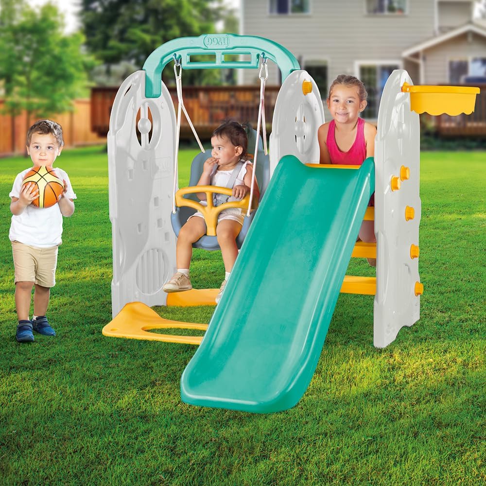 Dolu 4-in-1 Playground with Swing, Slide, Climbing Frame & Basketball Hoop