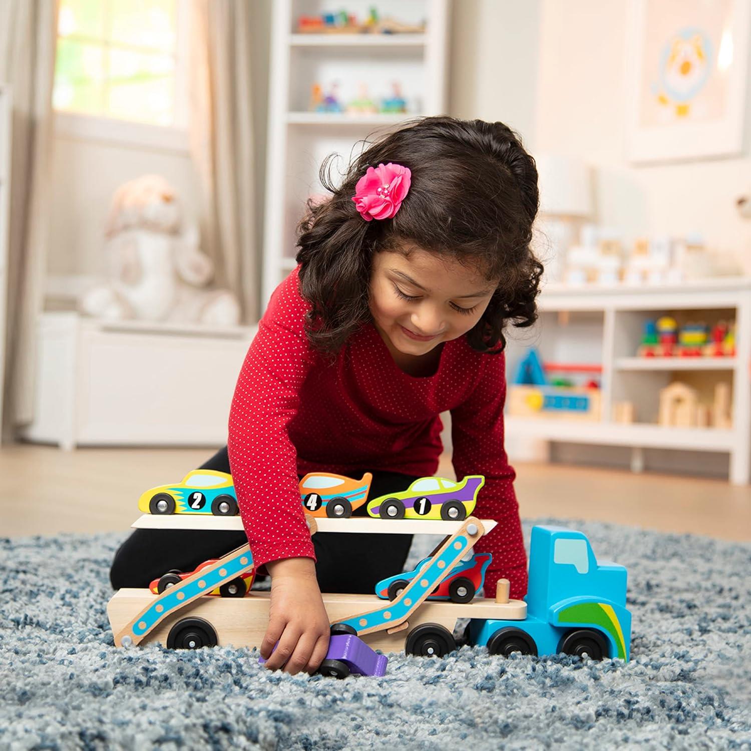 Melissa and Doug Wooden Mega Race Car Carrier with 6 Race Cars