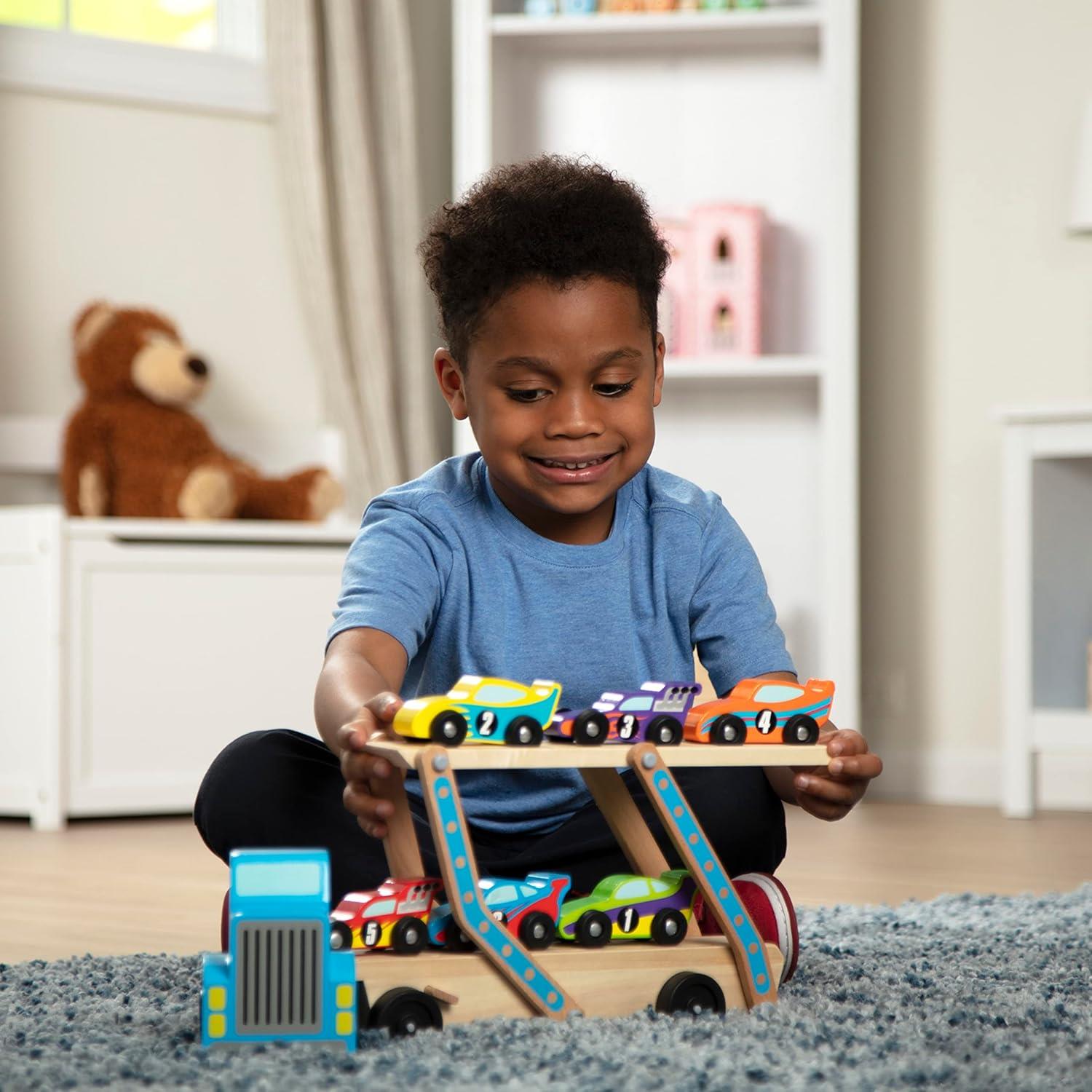 Melissa and Doug Wooden Mega Race Car Carrier with 6 Race Cars