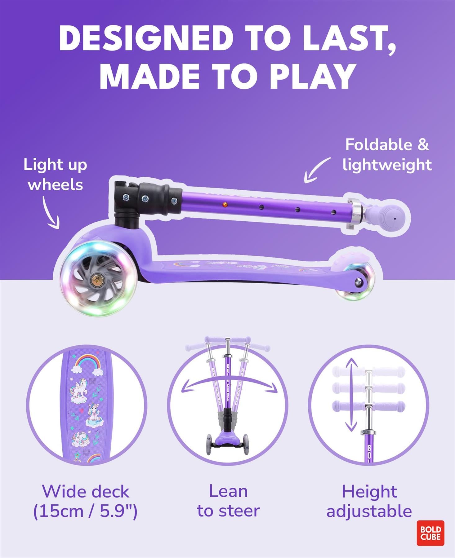 Boldcube Teeny Fold 3 Wheel Scooter - Unicorn