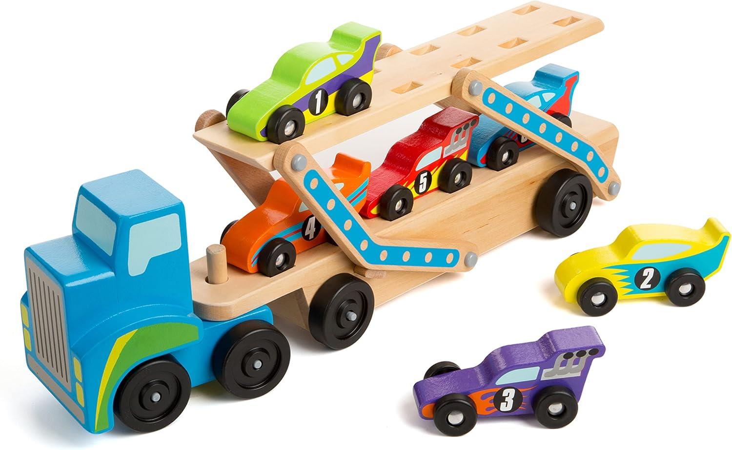 Melissa and Doug Wooden Mega Race Car Carrier with 6 Race Cars