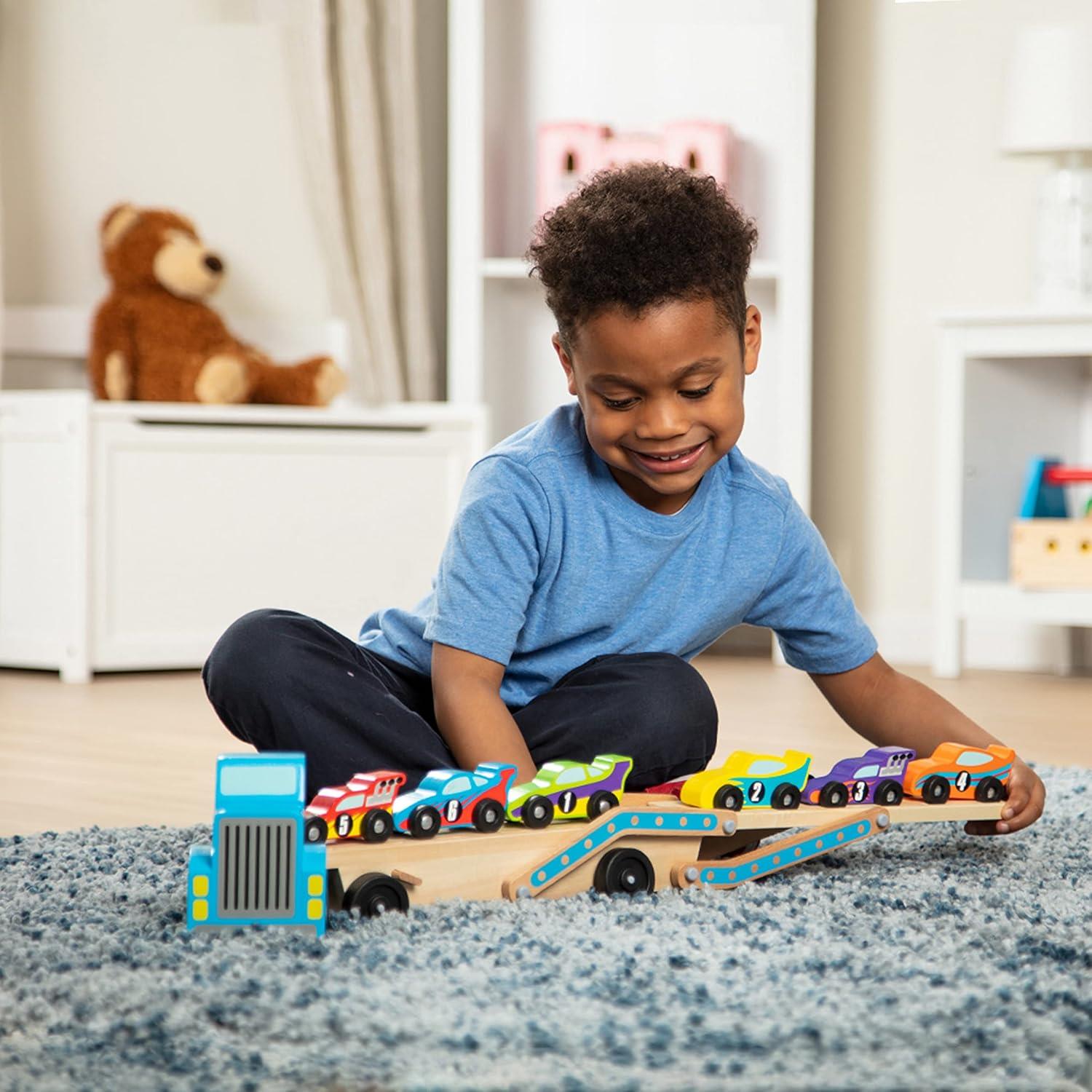 Melissa and Doug Wooden Mega Race Car Carrier with 6 Race Cars