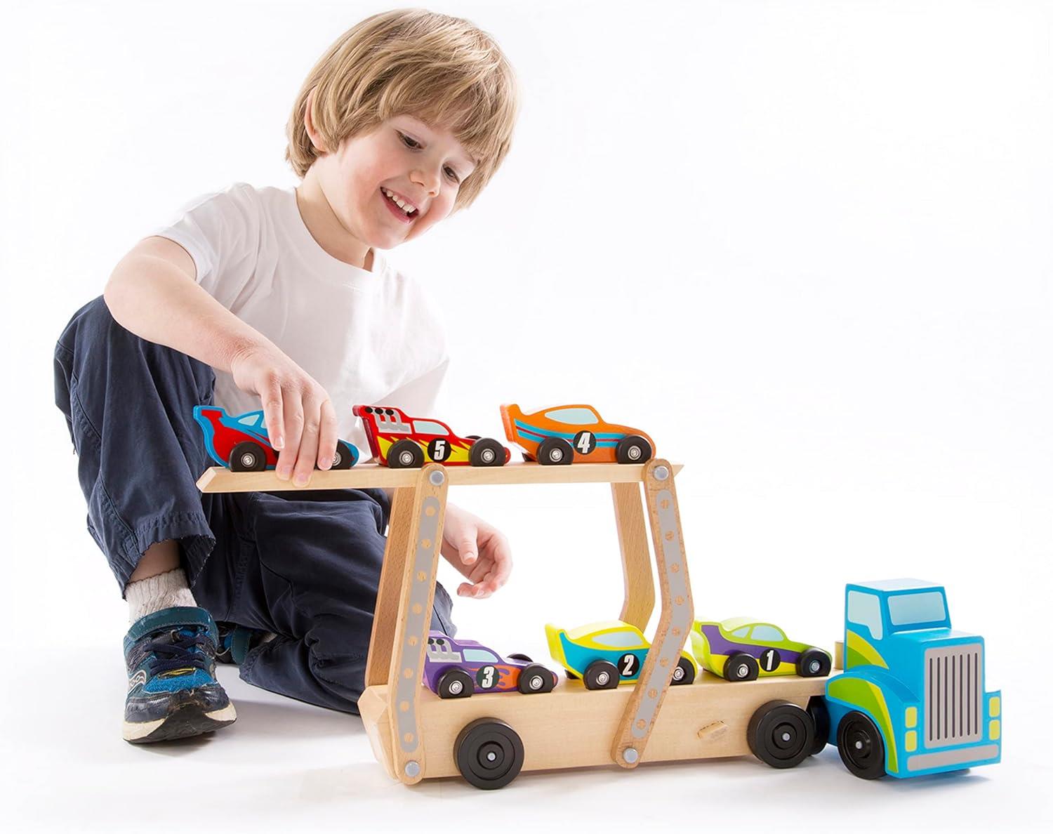 Melissa and Doug Wooden Mega Race Car Carrier with 6 Race Cars
