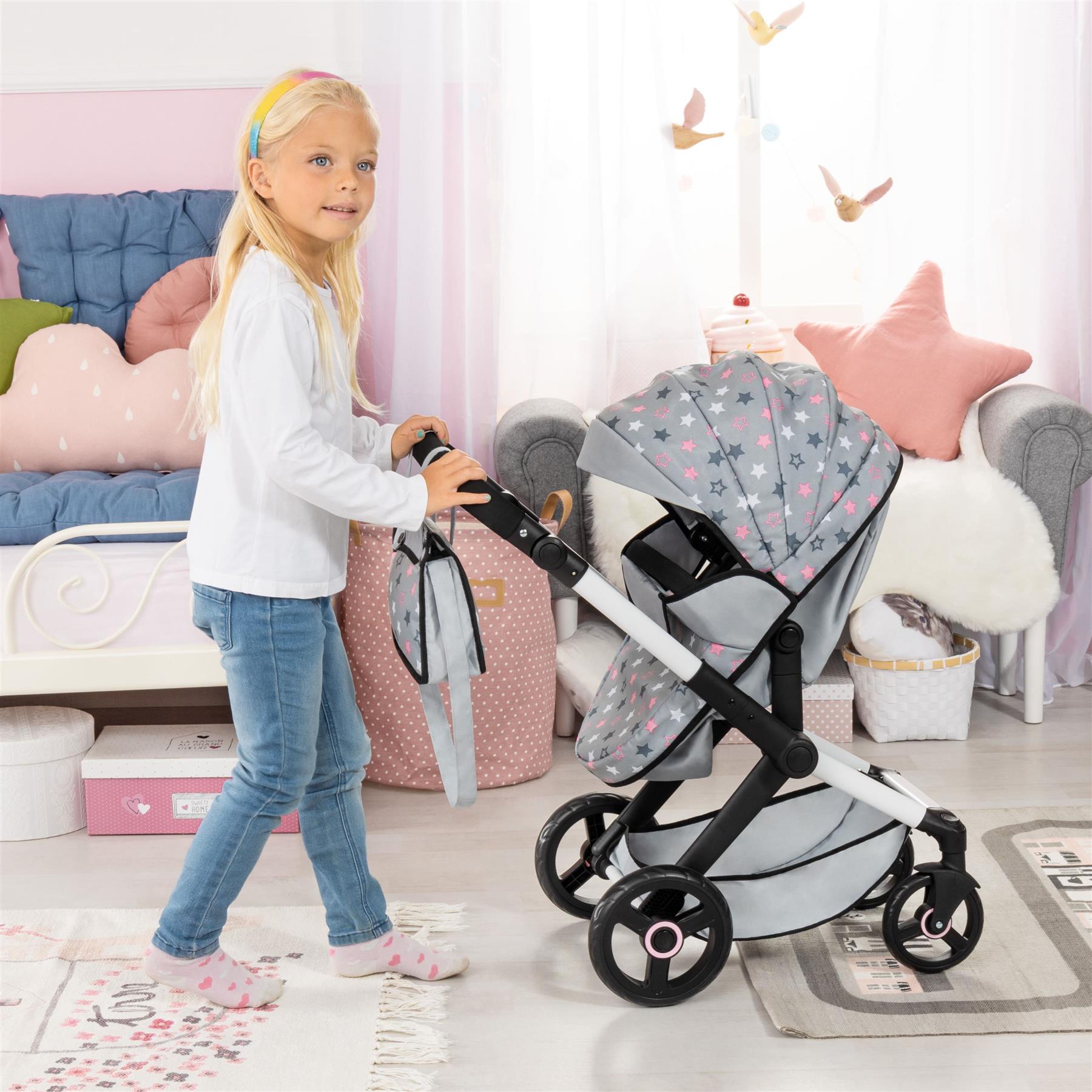 Bayer Dolls Pram Xeo - Pink and Grey stars