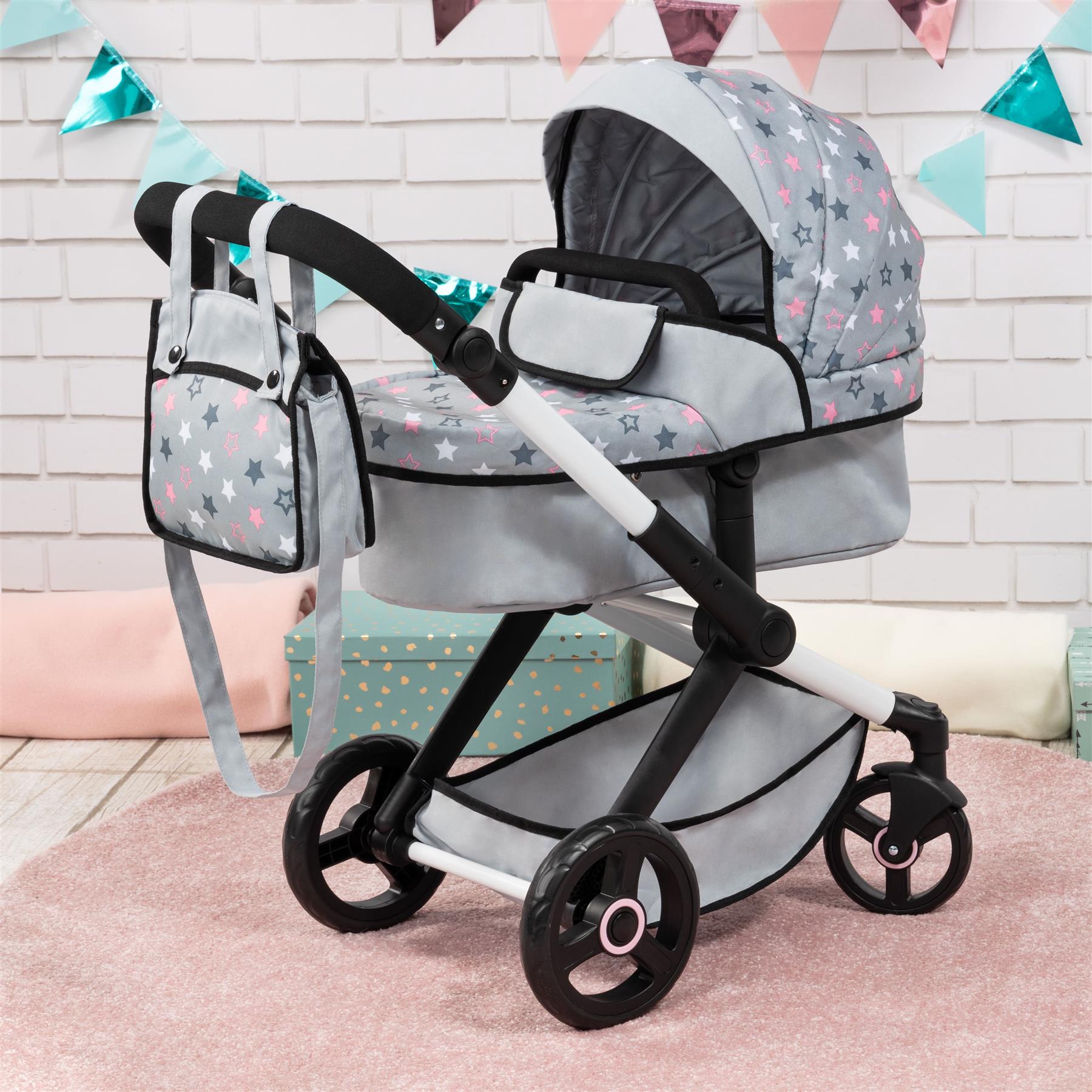 Bayer Dolls Pram Xeo - Pink and Grey stars