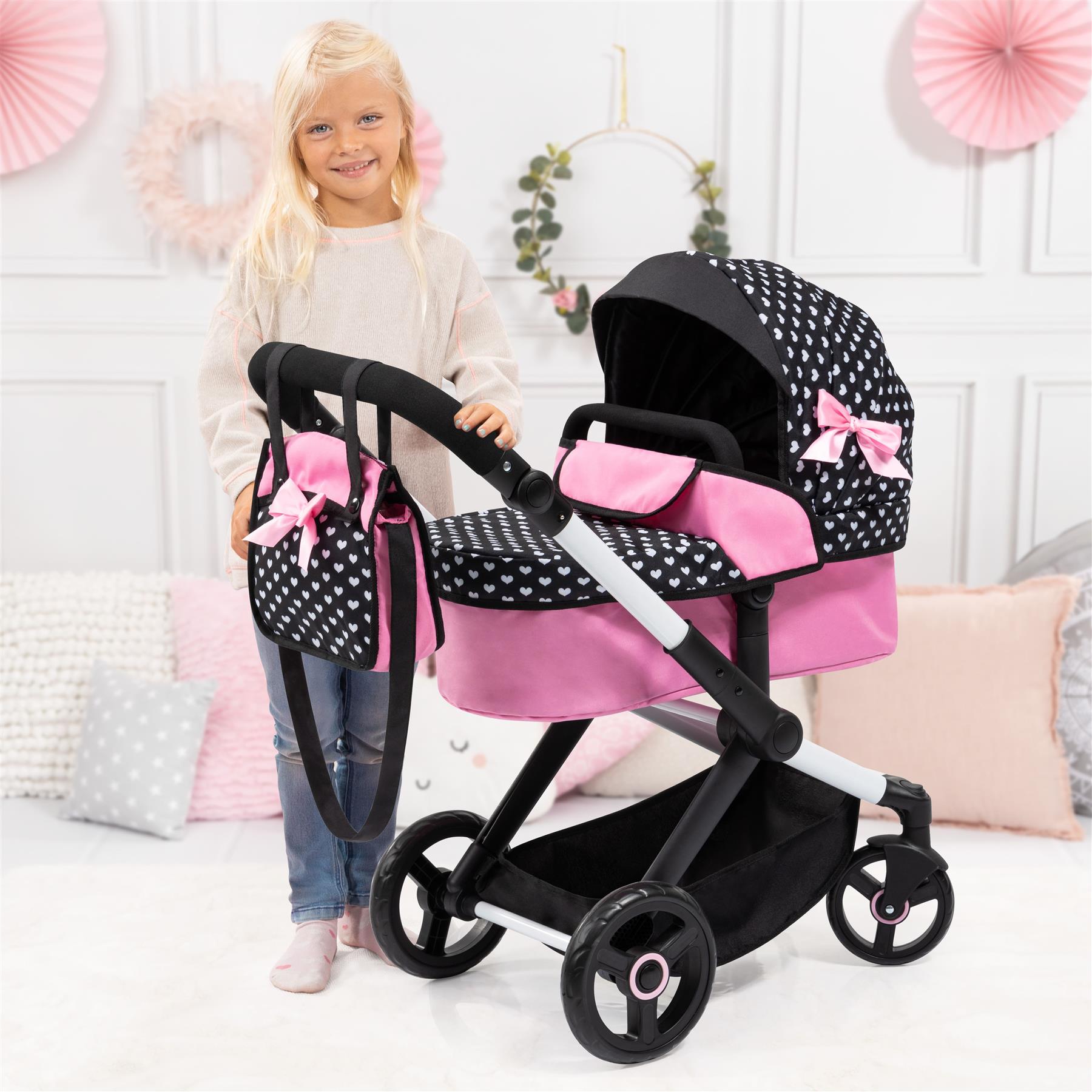 Bayer Doll Pram Xeo - Pink & Black