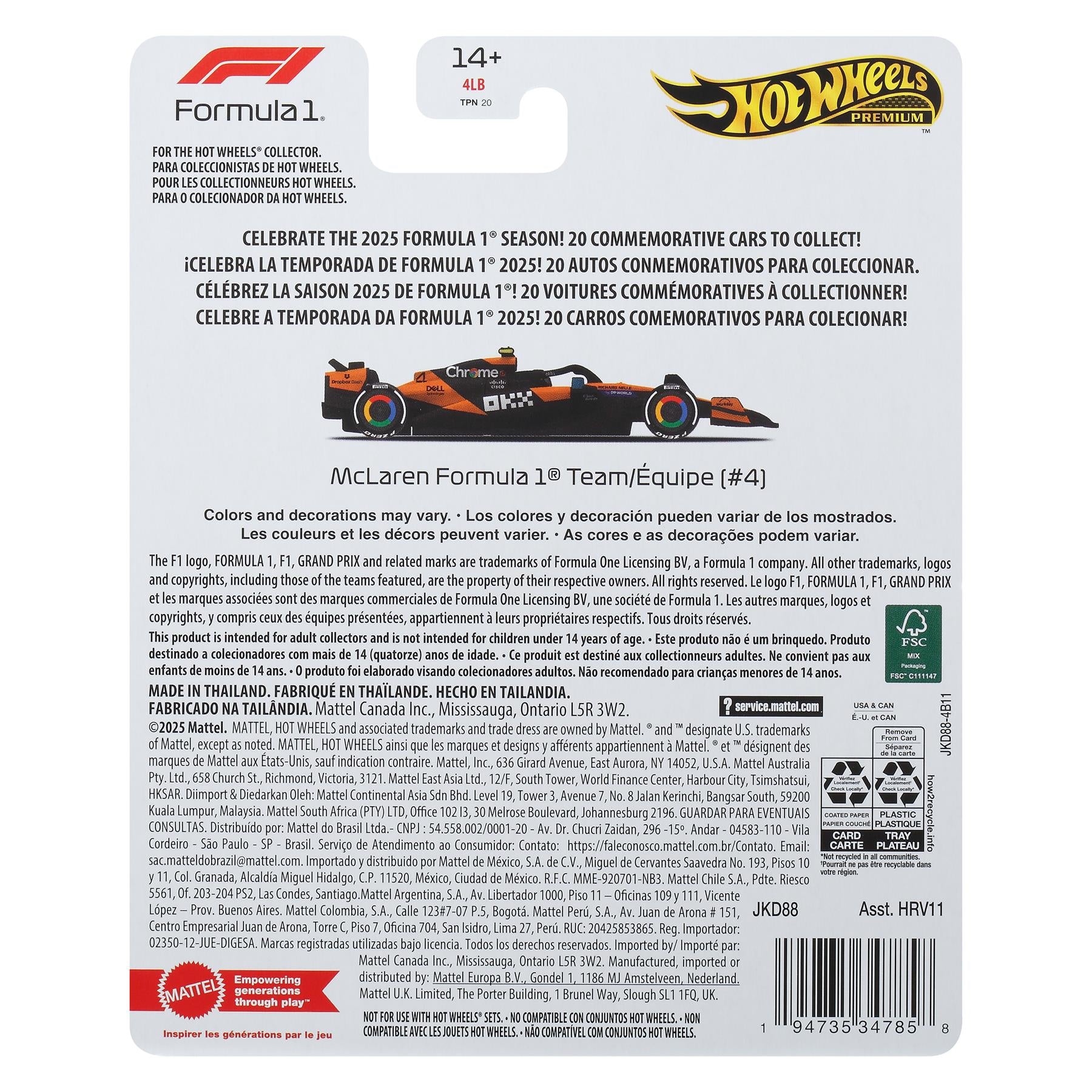 Hot Wheels 1:64 Scale Premium Die-Cast Formula 1 McLaren Lando Norris #4