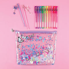 Three Cheers For Girls Butterfly Glitter Pouch and 12-Pack Pen Set